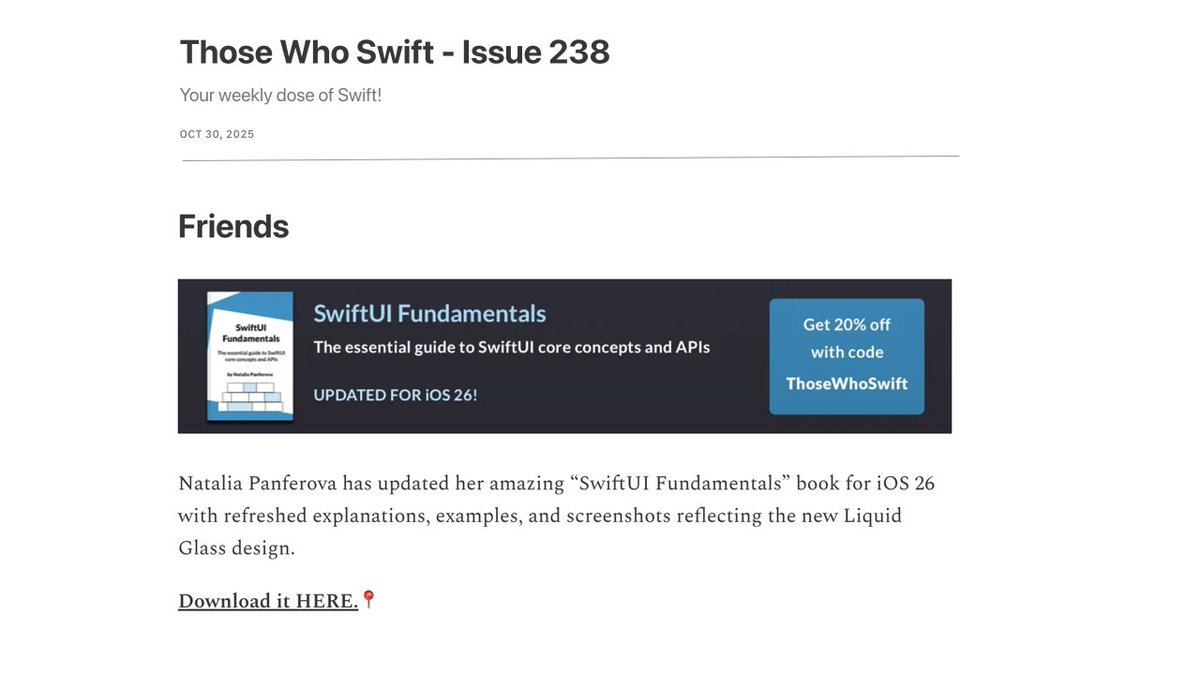 natpanferova's tweet image. Very grateful to @ThoseWhoSwift for continuously supporting and sharing my work! This week they are promoting my SwiftUI Fundamentals book, that I&apos;ve just recently updated for iOS 26: thosewhoswift.substack.com/p/those-who-sw…