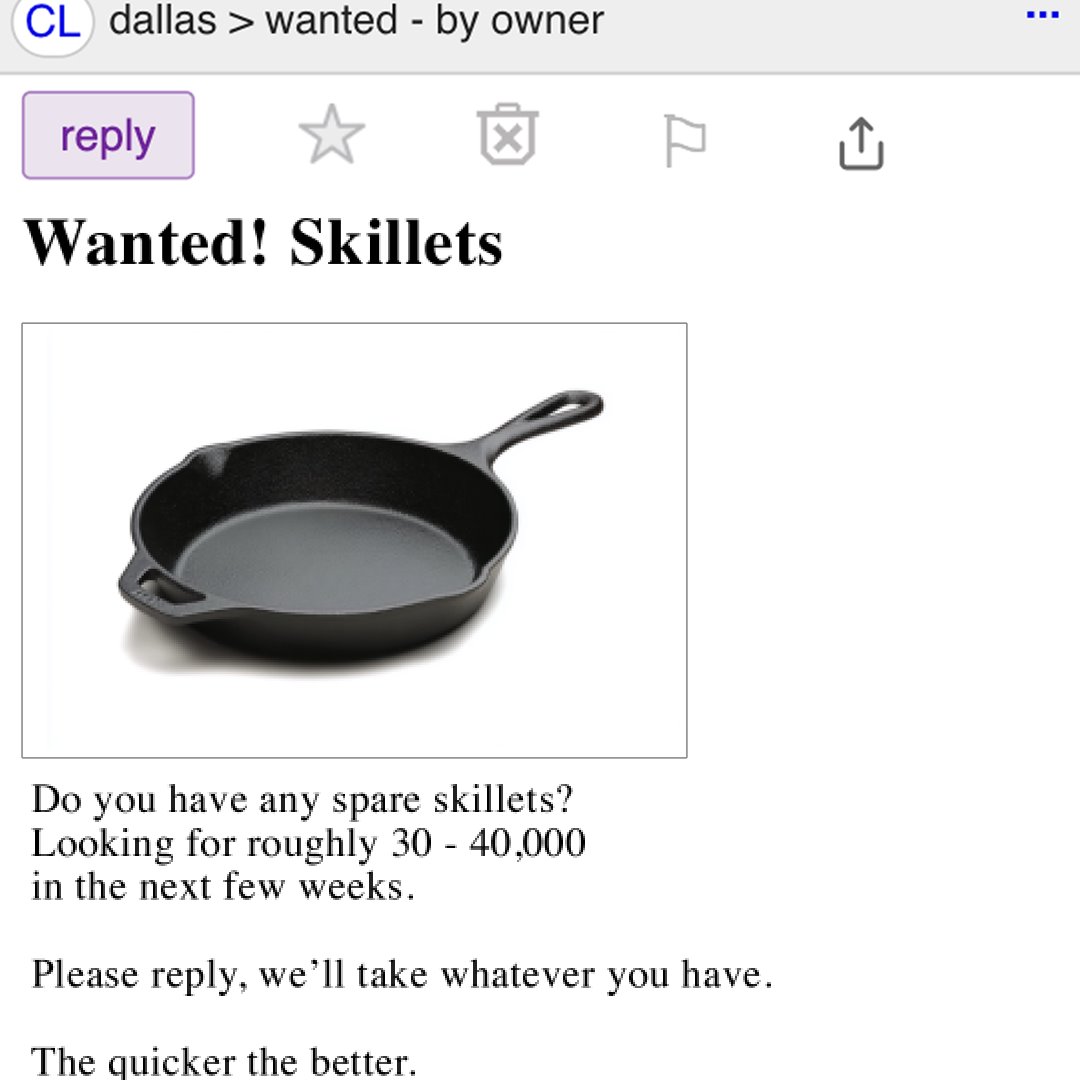 Chilis's tweet image. Seeking help, let us know if you have any spare skillets ❤️