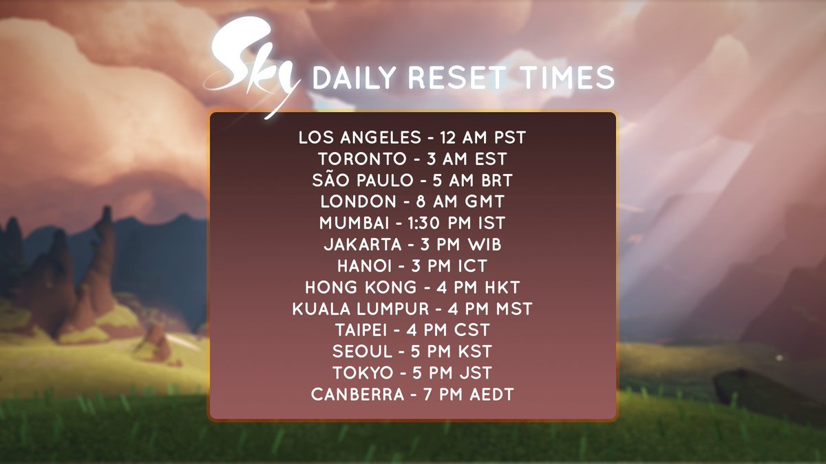 thatskygame's tweet image. Happy Timezones Sky kids! ✨

Due to Daylight Saving Time ending on November 2nd, the timezone for daily reset changes from PDT (UTC-7) to PST (UTC-8).

If you don’t observe DST in your region, reset will be 1 hour later for you.