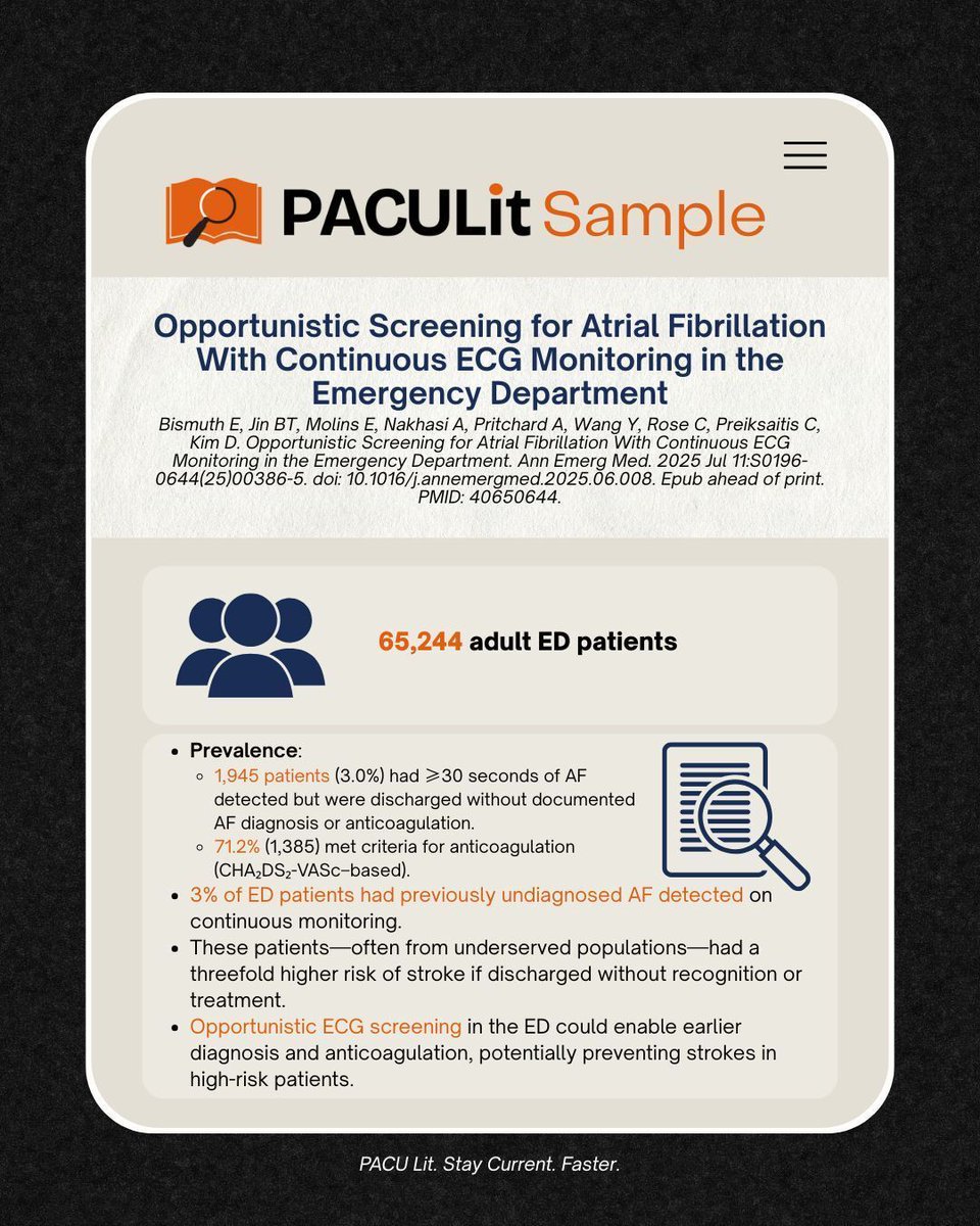 In this study by Bismuth et al., continuous ECG monitoring in the ED identified undiagnosed atrial fibrillation (AF) in 3% of patients — most from underserved populations and at high stroke risk. Early screening could prevent future strokes.
👉 Want more? Try PACU Lit →