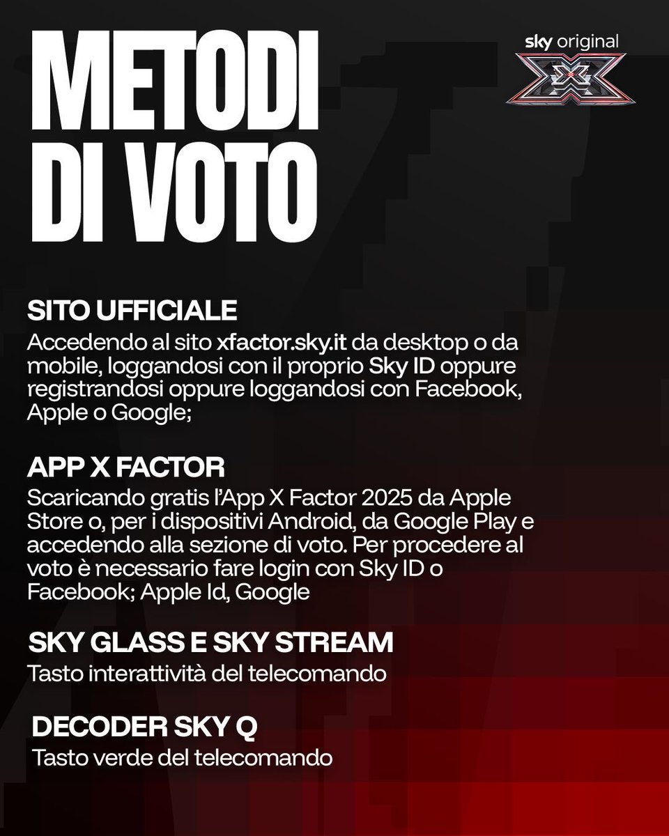 VOTATEEE 🚀🚀

#XF2025
<a href="/XFactor_Italia/">X FACTOR</a> <a href="/NOWTV_It/">NOW</a> <a href="/SkyItalia/">Sky</a>