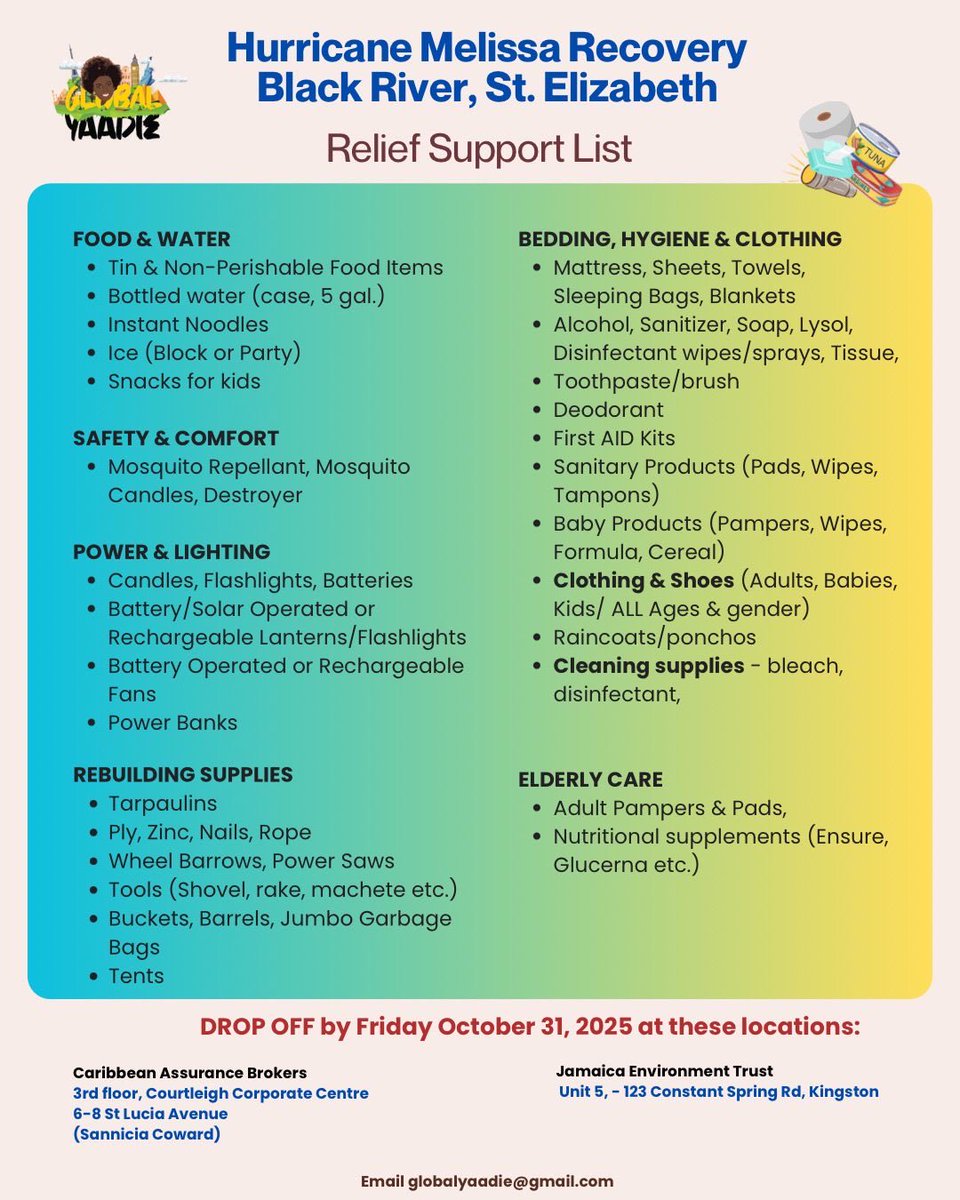 My fellow Hamptonian and former classmate Diana is from Black River and helping to identify families who need help the most. Let’s support the Hurricane Melissa relief drive