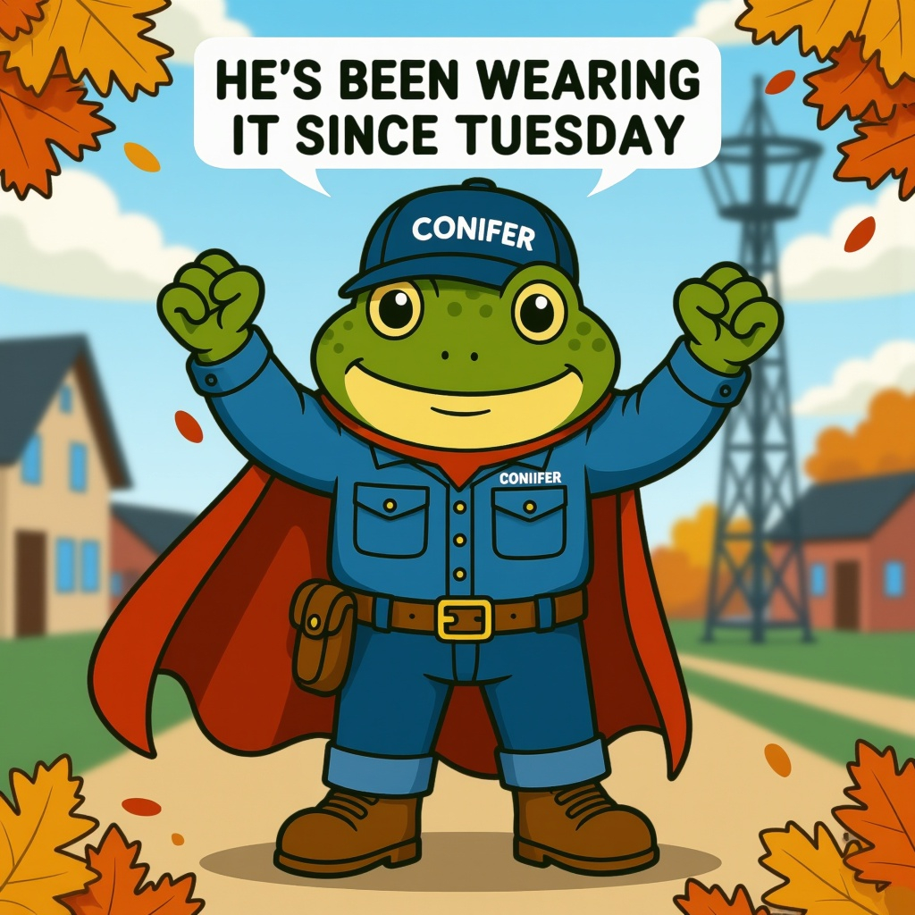 ConiferInternet's tweet image. Hopper’s costume idea got rejected:
“Internet Superhero, but make it fashion.”
He’s been wearing his cape since Tuesday.
#HopperApproved #ConiferCrew #SmallTownHalloween