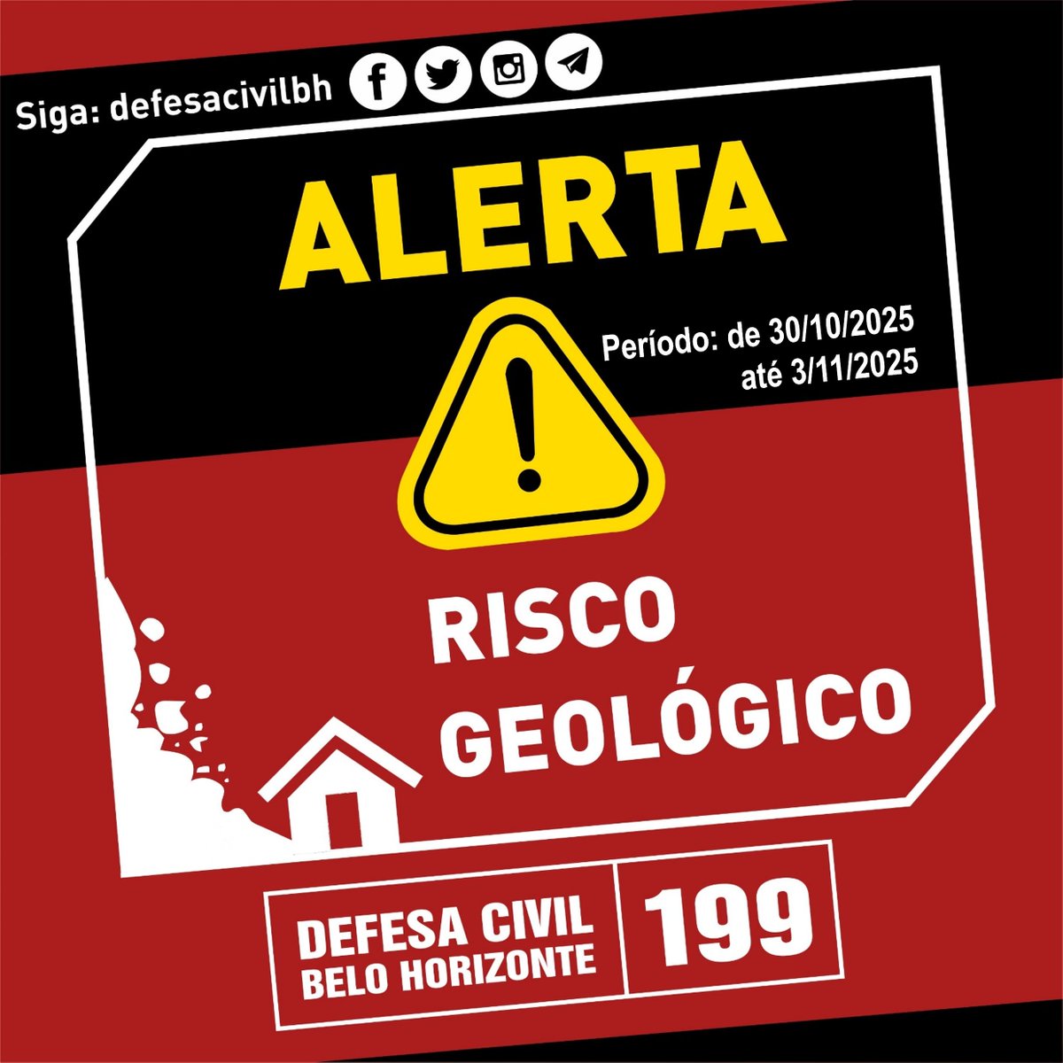 defesacivilbh's tweet photo. 18H04 - Em virtude dos volumes de chuvas registrados nas últimas horas e a previsão de novas chuvas, existe risco geológico forte nas regionais Nordeste e Leste, e moderado na regional Pampulha, Venda Nova e Norte até a próxima segunda-feira (3). https://t.co/hMUVROs9Zy