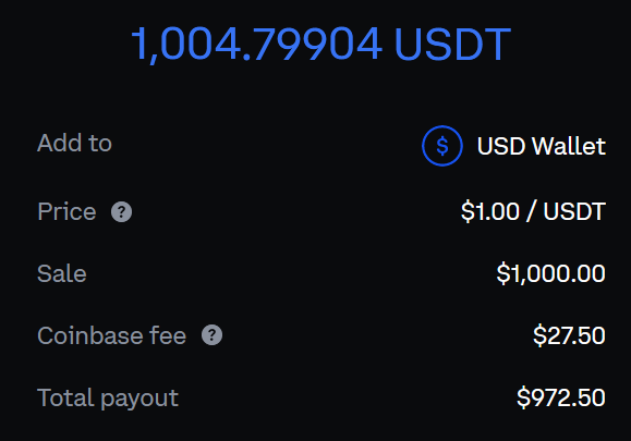 If you convert $1000 of USDT to USD on Coinbase there’s a $27.5 fee.

If you go to advanced trade (USDT/USD) and market sell it’s like 3 cents.

<a href="/coinbase/">Coinbase 🛡️</a> this is silly.