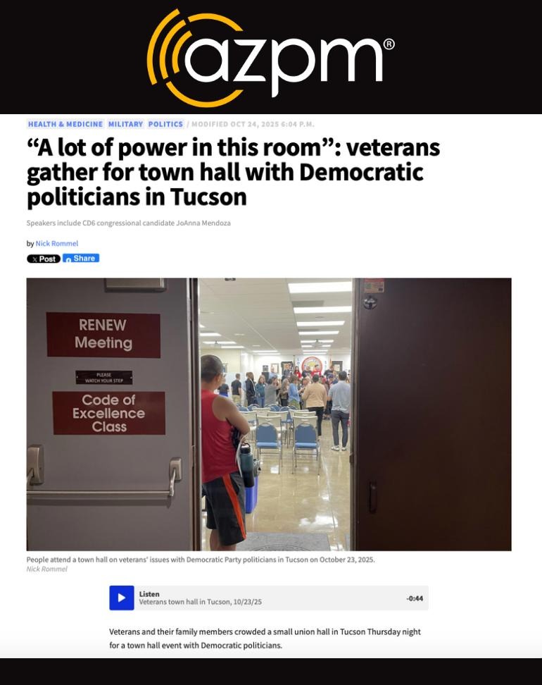 🗞️ Extra, extra! Read all about it! 📰  

Missed our Veterans Town Hall last week? Check out this piece from AZ Public Media and hear from some of the vets in the room, and join us next week when we team up with orgs across AZ for the People's Deployment! bit.ly/4odKUWv