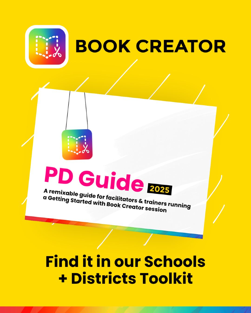BookCreatorApp's tweet photo. 🎉 Running Book Creator PD this year? We've got you covered!

🛠️ Our new PD Guide 2025 is remixable + ready to go — perfect for facilitators and tech leads.

📍 Find it in our Schools & Districts Toolkit: https://t.co/IwL4Hwol83

#PDResources #EdTechCoach #DistrictTech #BookCreator