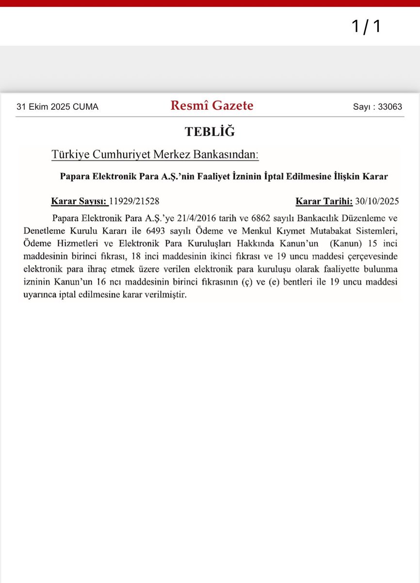 Papara’nın faaliyet izni iptal edildi. Karar resmi gazetede yayınlandı. 

#papara