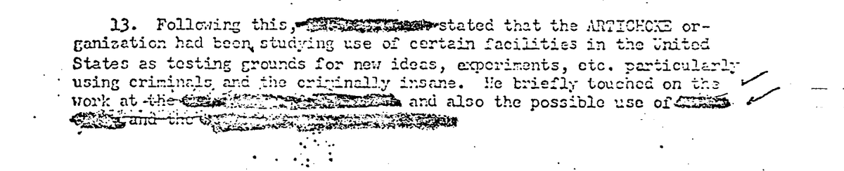 New MKULTRA docs just dropped courtesy of the <a href="/NSArchive/">NatlSecurityArchive</a>: "[T]he ARTICHOKE organization had been studying the use of certain  facilities in the United States as testing grounds for new ideas,  experiments, etc. particularly using criminals and the criminally  insane.”