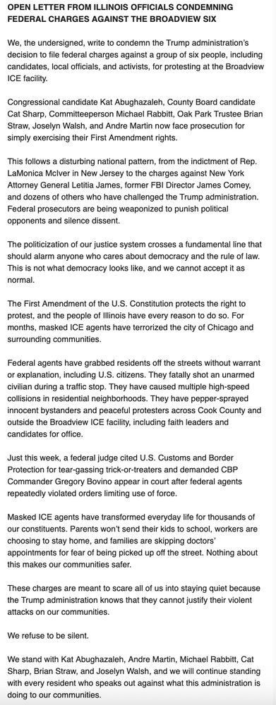 NEW: More condemnations of the indictment, this time including Gov. JB Pritzker, Lt. Gov. Juliana Stratton, CC Board president Toni Preckwinkle and nearly 100 more

Maybe more notable to see who DIDN'T sign on than who did

Letter below, full list next: