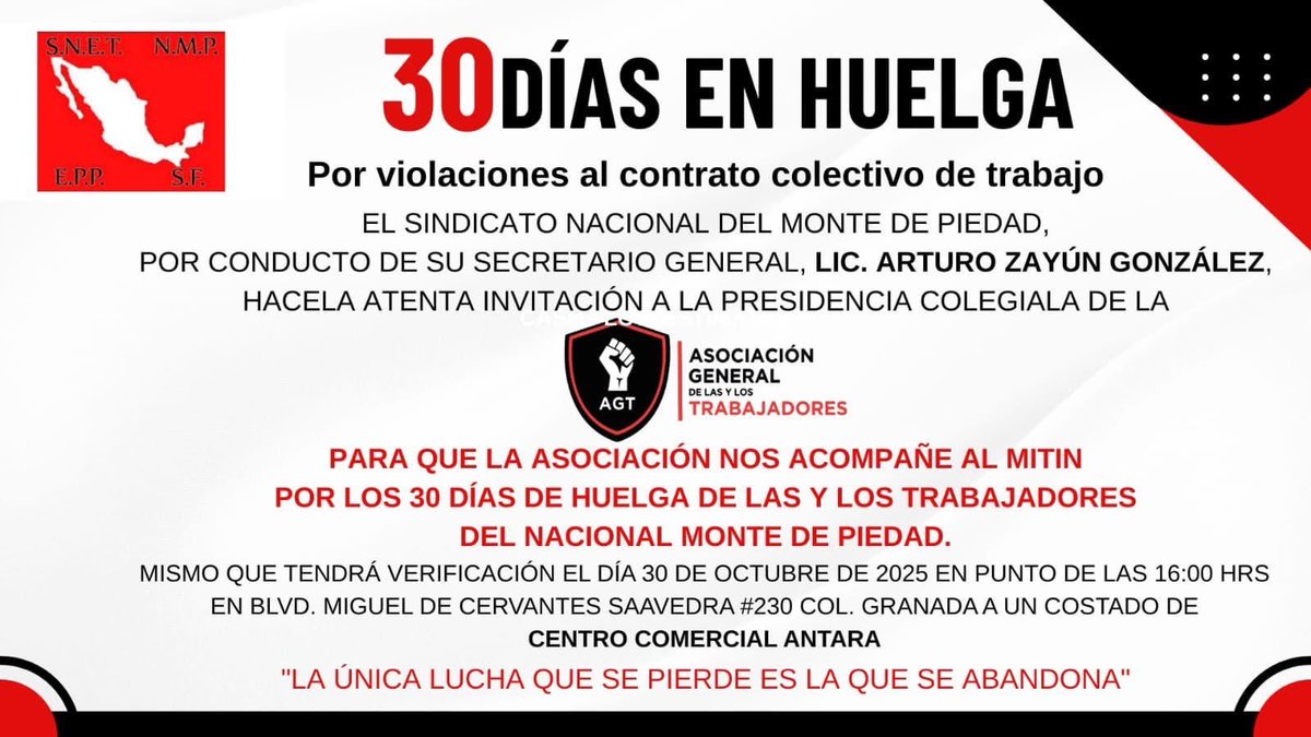 "La única lucha que se pierde es la que se abandona" ¡Juntos Somos más fuertes!
<a href="/LuchaMonte/">SINDICATO Nacional de Monte de Piedad.</a>