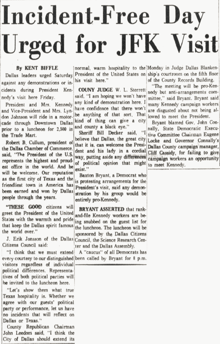 Dallas leaders are concerned that demonstrators will embarrass or try to harm President Kennedy during his upcoming speech here. Extensive security measures are being taken, and a front-page headline in today's Dallas Morning News reads "Incident-Free Day Urged for JFK Visit".