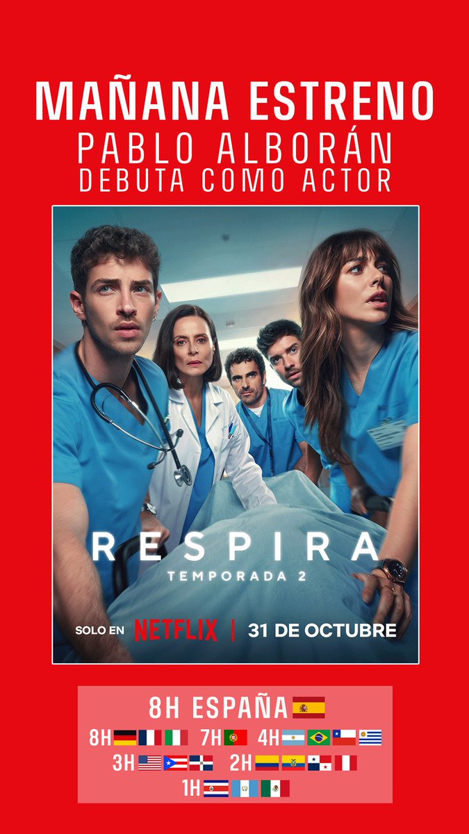 #Info ¡Ya casi llega el momento! Mañana se estrena la tan esperada segunda temporada de #Respira 💥, con el debut de <a href="/pabloalboran/">Pablo Alborán</a> como actor, interpretando al Dr. Jon Balanzetegui, cirujano plástico de urgencias.

Disponible solo en <a href="/NetflixES/">Netflix España</a> @Netflix 👉🏻netflix.com/es/title/81667…