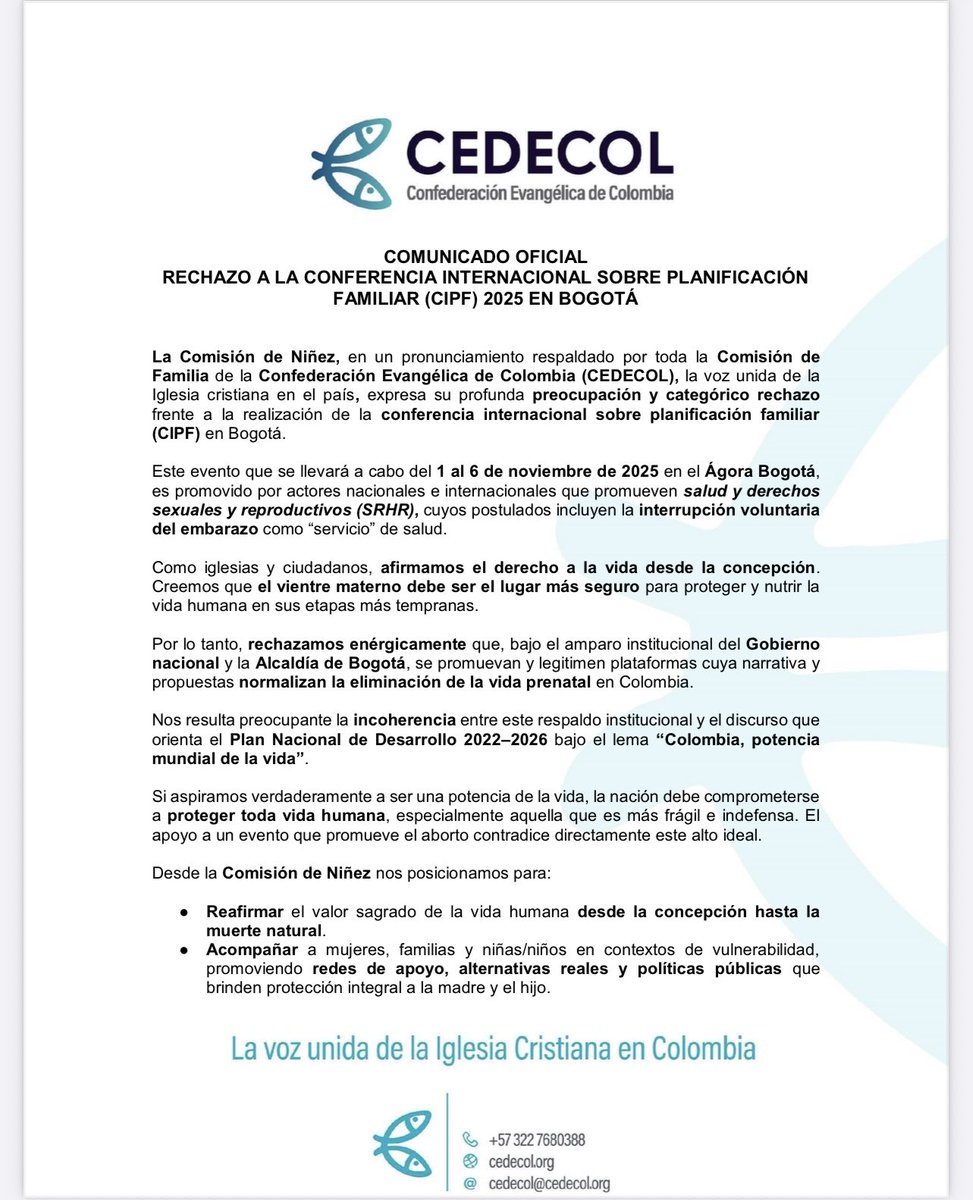 CEDECOL's tweet photo. Desde la Confederación Evangélica de Colombia – #CEDECOL y la Comisión de la Niñez, defendemos la vida desde la concepción. El vientre materno debe ser el lugar más seguro para cada ser humano.

Rechazamos la realización de la #ICFP2025 en Bogotá. https://t.co/ixyQXtGeIL