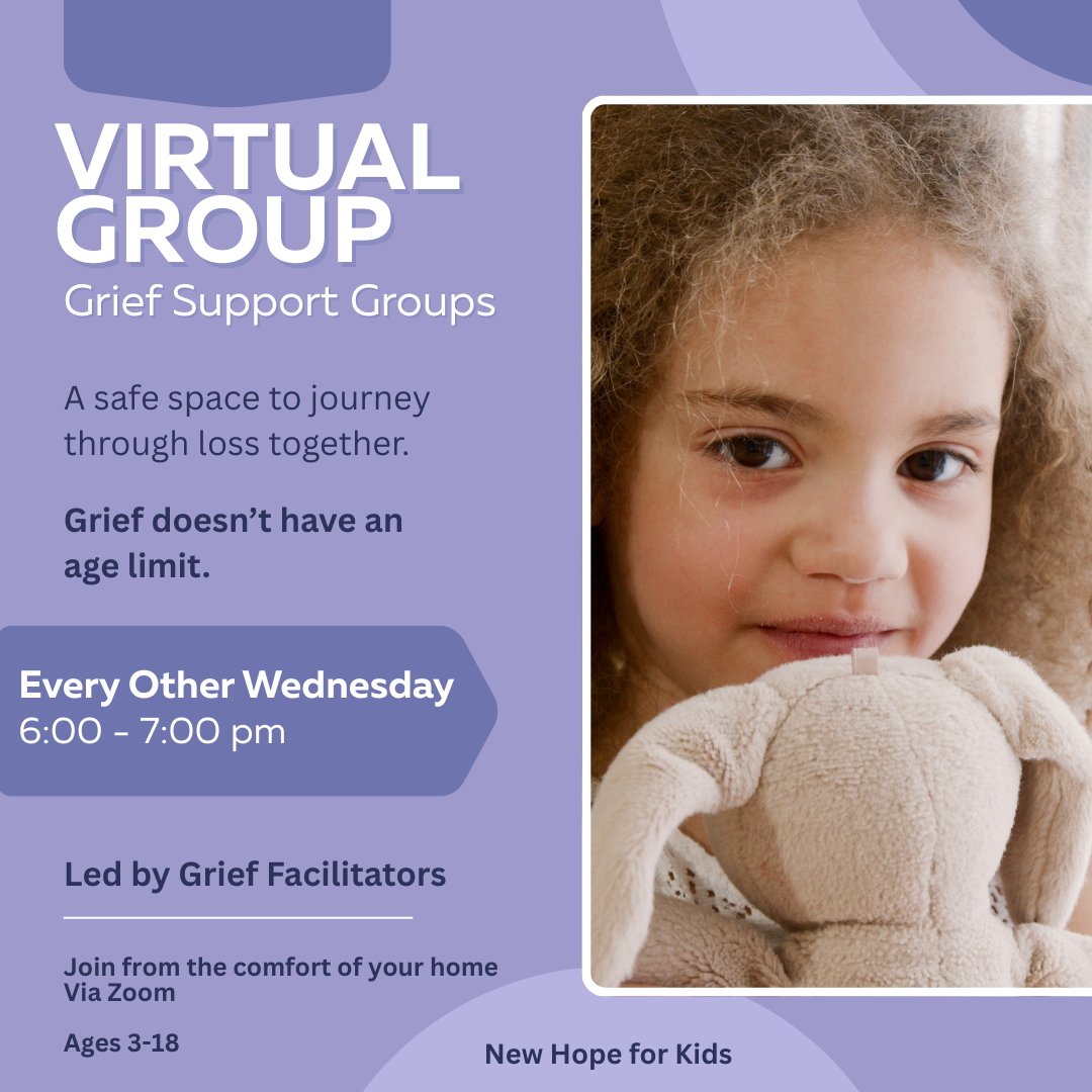 💜 Children grieve too. Parents grieve too. Everyone deserves support.

Join New Hope for Kids’ Virtual Grief Groups every other Wednesday—helping kids &amp; families heal together, one step at a time. 🌟#GriefSupport #FamilyHealing #NewHopeForKids
