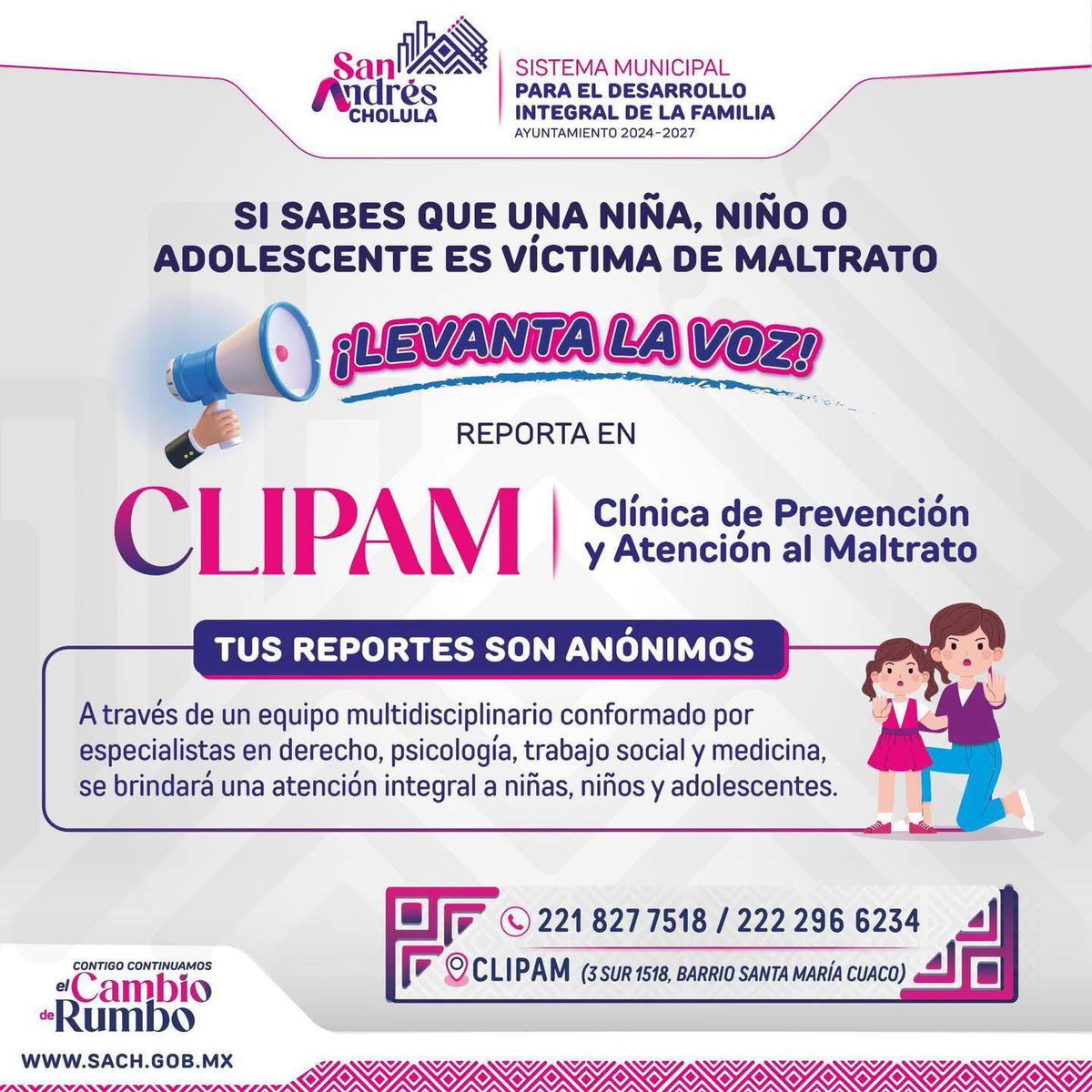 Si tienes conocimiento de algún caso de violencia hacia niñas, niños o adolescentes, ¡levanta la voz ✋🚫!

En la CLIPAM contamos con un equipo multidisciplinario experto en diferentes ámbitos para garantizar el interés superior de la niñez.

#ContigoContinuamosElCambioDeRumbo