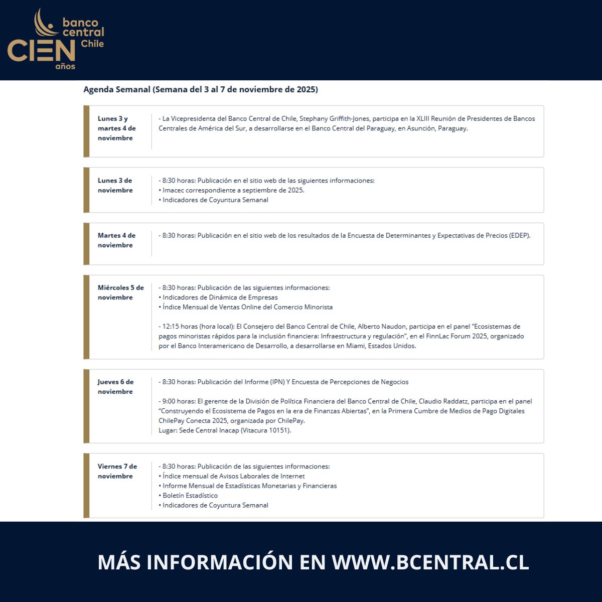 🗓️A continuación compartimos la agenda del Banco Central de Chile para la semana del 3 al 7 de noviembre de 2025.                                                   

Link a la publicación: bit.ly/4ok6Lf4 

#BancoCentral #BancoCentraldeChile #Agenda