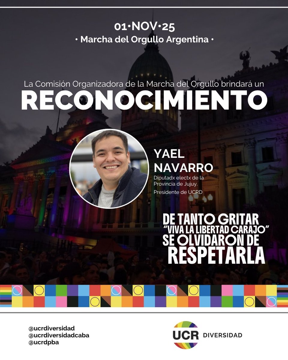 La Comisión Organizadora de la Marcha del Orgullo Argentina ha decidido otorgar un reconocimiento a Yael Navarro, presidente de UCR Diversidad, por ser la primera persona no binaria electa como diputade en una legislatura provincial de nuestro país durante el presente año.

1/2