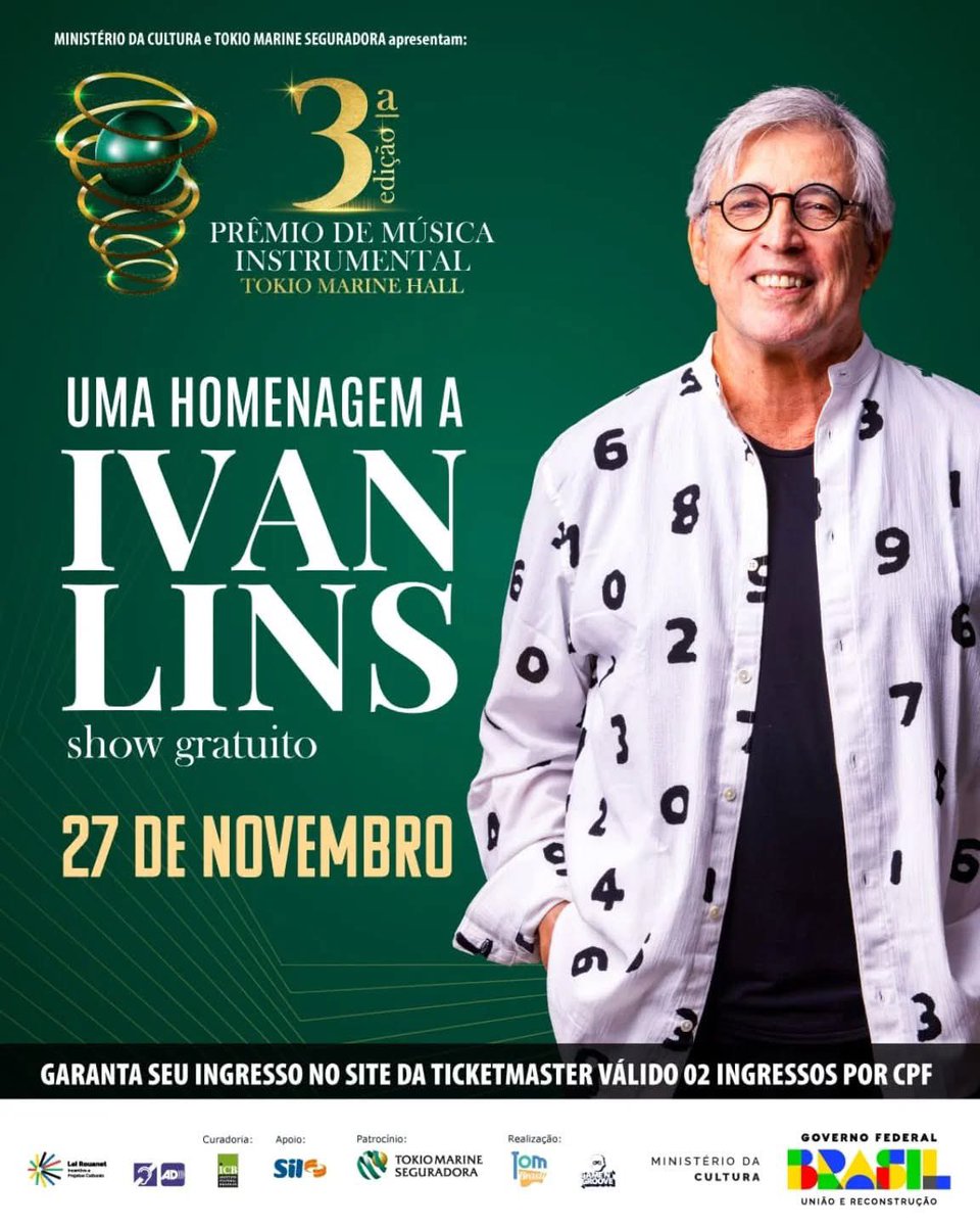 ivanlinsoficial's tweet image. Alô, São Paulo!

repost #TokioMarineHall
Venha viver uma noite inesquecível com um show gratuito de um dos maiores nomes da música brasileira: #IvanLins! 🎹✨

📍Dia 27 de Novembro

🎟 Garanta seu ingresso #GRATUITO em: ticketmaster.com.br - Válido apenas 2 ingressos por CPF