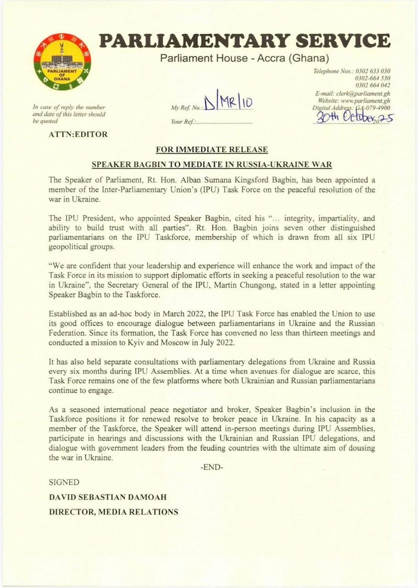 THESTATENEWSS's tweet image. Ghana’s Speaker of Parliament, Rt. Hon. Alban Bagbin, has been appointed to the Inter-Parliamentary Union’s (IPU) Task Force on the Russia-Ukraine war. His role will focus on promoting dialogue and supporting efforts toward a peaceful resolution of the conflict.