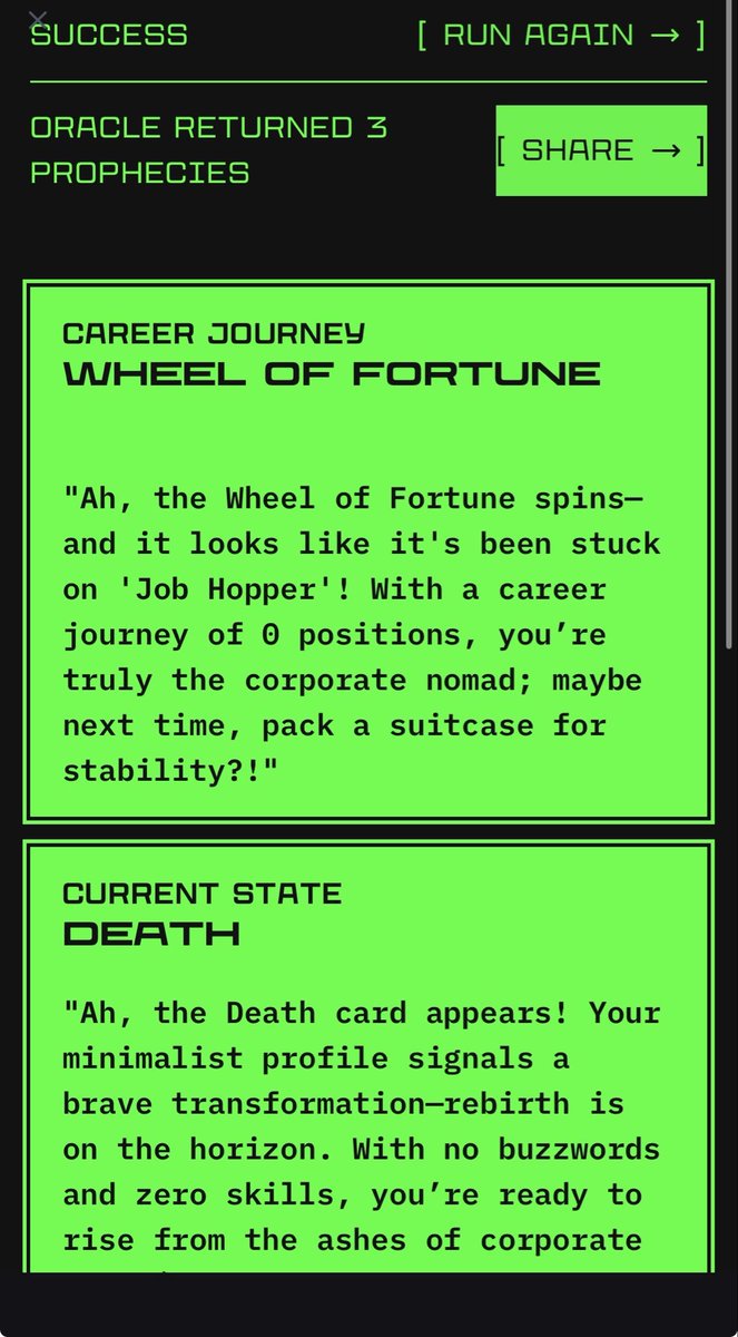 duygusergi's tweet image. Gn frens ✨

I just asked the Digital Oracle to read my Linkedin destiny and let’s just say the results were spicy 👀🔮 @vana 

Think you can get a better prophecy?
Tap in &amp;amp; test your fate: app.vana.com

📌 After sharing your results, drop your post here for XP:…