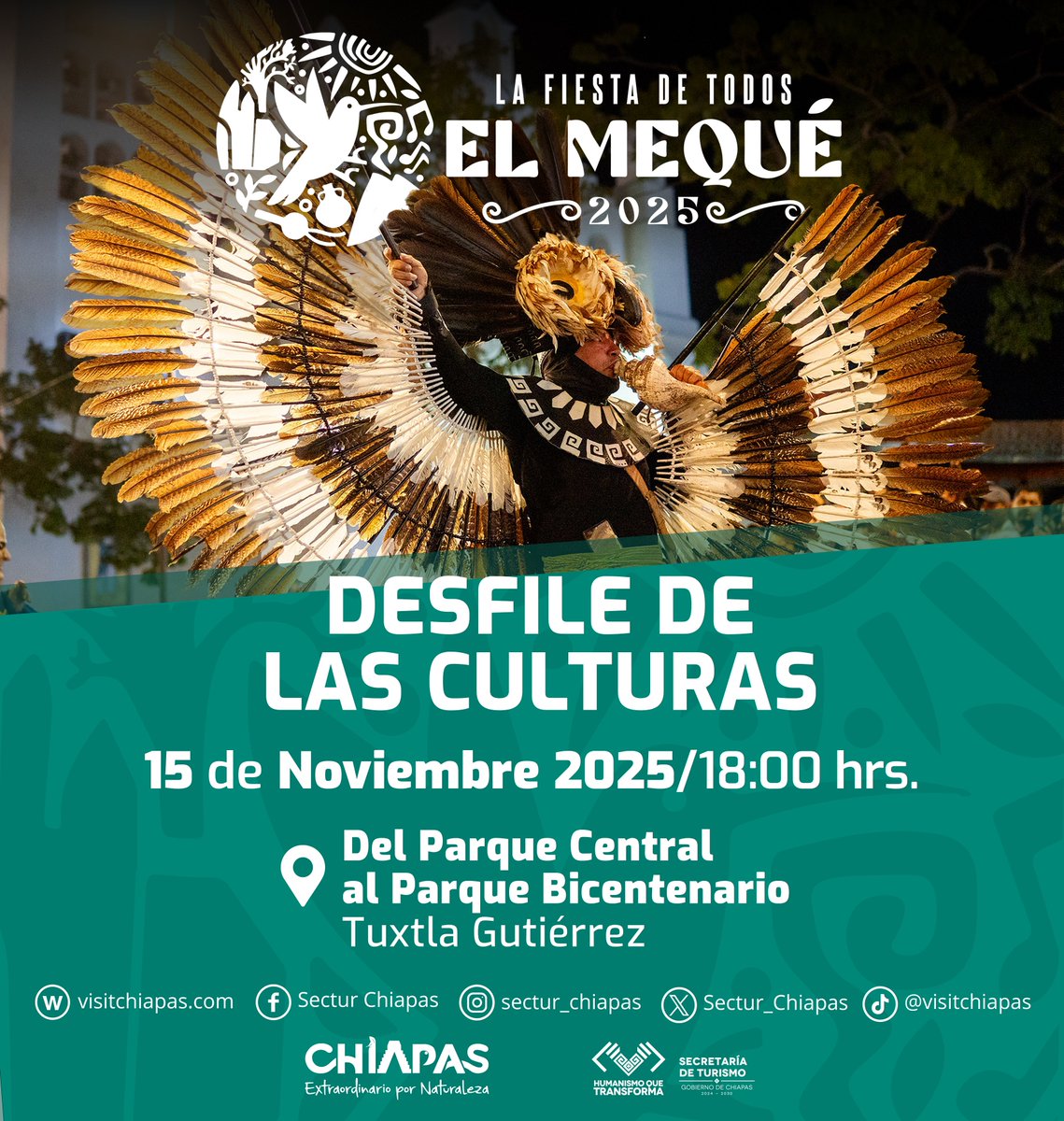 🎭 El Desfile de las Culturas llega a Tuxtla Gutiérrez ✨
Más de 40 municipios mostrarán lo extraordinario de su identidad en una exhibición llena de color, música y tradición.
📍 Desde el Parque Central hasta el Parque Bicentenario
🗓️ 15 de noviembre | 🕕 6:00 p.m.
💫#Mequé2025