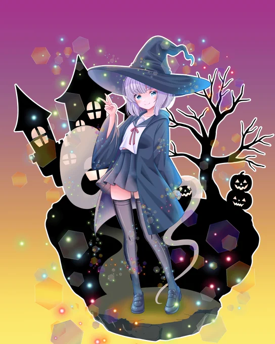 #ハロウィンイラスト2025 今年の妖夢ちゃんの魔女服はセーラー服風にシンプルにしました 背景はよく見かけるジオラマのヴィネット風