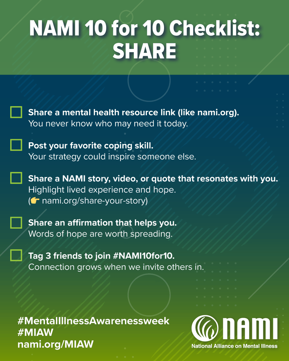 NAMICommunicate's tweet photo. It’s #ChecklistDay ✅
We’re celebrating the first three #NAMI10for10 Checklists:
Connect 💬
Share 📣
Learn 📘
Small steps make big change. 💚
#Together4MentalHealth #YouAreNotAlone https://t.co/Wdob3ZJ0ci