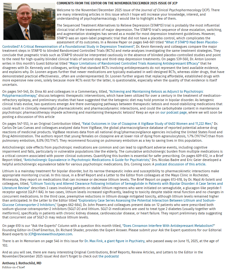 Our November/December 2025 issue (Volume 45, issue 6) is now available online: journals.lww.com/psychopharmaco…

Brief synopsis of the new issue from the Journal of Clinical Psychopharmacology Editor-in-Chief is below.