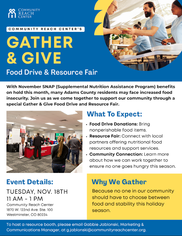 RMPartnership_'s tweet photo. Community Reach Center is hosting a Food Drive &amp; Resource Connection Fair to help those impacted by recent changes to Supplemental Nutrition Assistance Program (SNAP). Tuesday, 11/18 11AM - 1PM, 1870 W. 122nd Avenue, Westminster, All are welcome to attend! https://t.co/nSQtQWeyK8