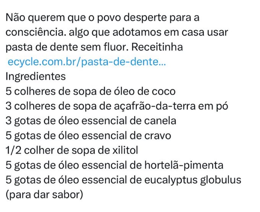 Receita de pasta de dentes 
caseira sem flúor 👇🏻