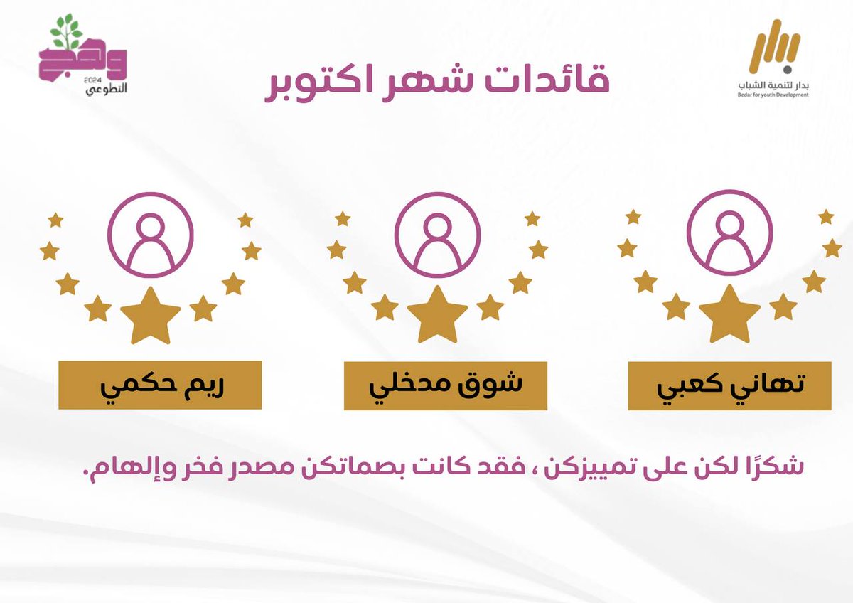 قائدات تميزن بعطائهن وإبداعهن خلال شهر أكتوبر، شكرًا لجهودكن التي تصنع الفرق دائمًا🤍✨.