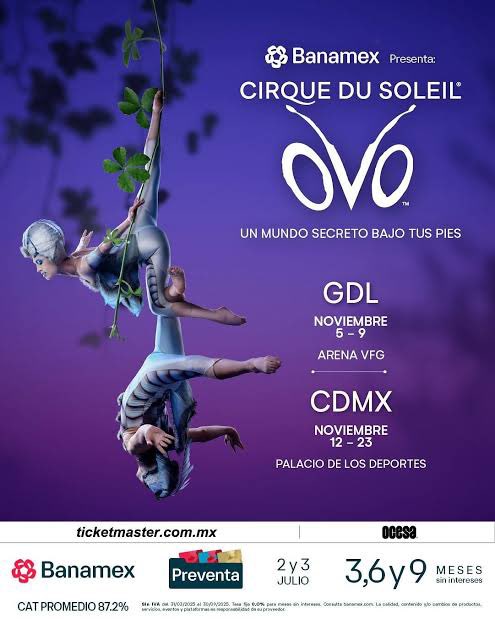 Cada vez falta menos para que “OVO” del Cirque du Soleil llegue a Guadalajara con un corta temporada, del miércoles 5 al domingo 9 de noviembre en la Arena VFG. 

Venta de boletos a través de Ticketmaster México. 

Presentado por Ocesa.