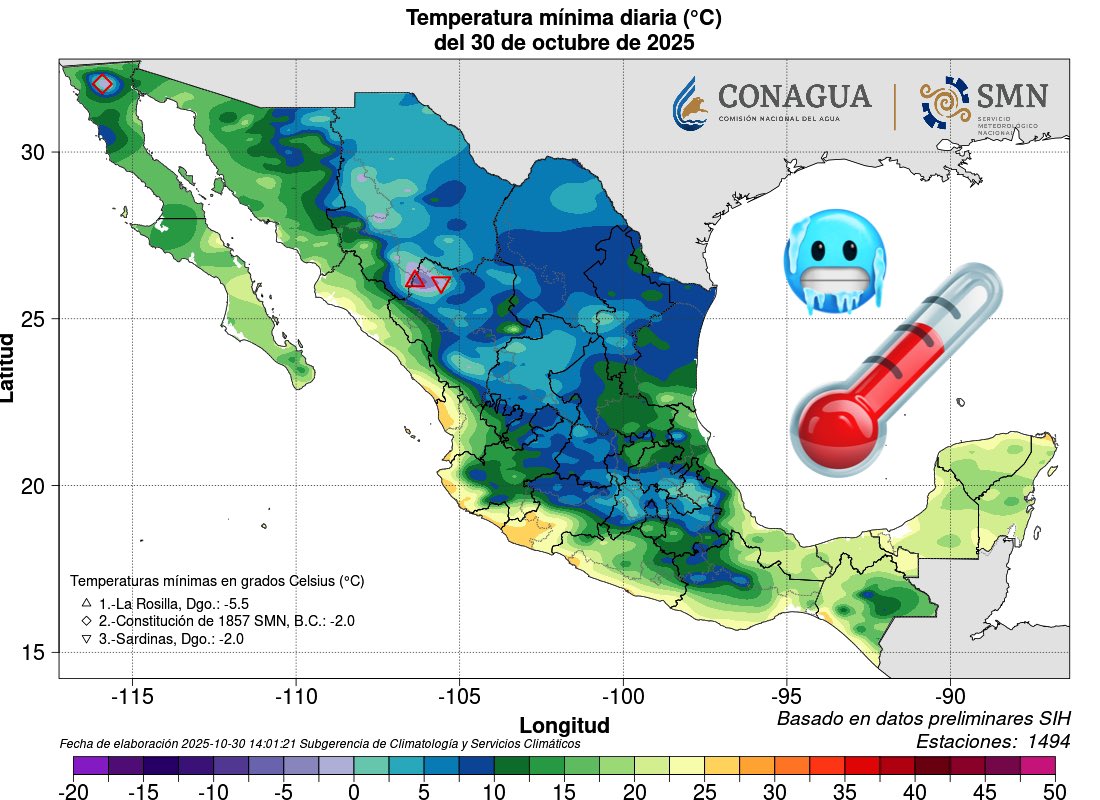 InfoMeteoro's tweet image. 🥶¿Qué tal el frío de esta mañana?

🟣La primera masa polar de esta temporada ocasionó temperaturas bajas en el norte, noreste, centro y oriente con 5-10ºC en el Altiplano, 10-18ºC costas y planicie y hasta -6ºC en montañas

💠Nieblas y hielo se dieron en campo abierto de Hgo,…