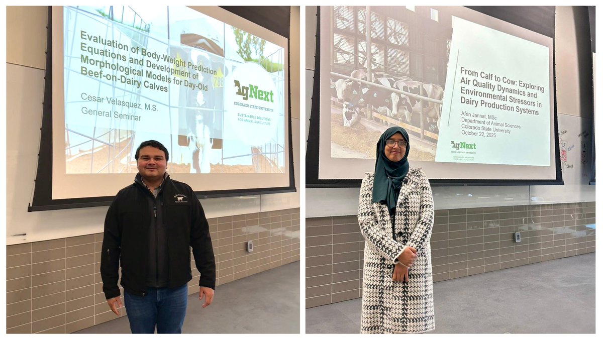 CSUAgNext's tweet image. AgNext graduate students Cesar Velasquez and Afrin Jannat recently presented at the @CSUAnSci General Seminar. This is an important step for completing their degrees.

We’re proud to support the next generation of leaders in animal agriculture. Learn more: loom.ly/uKh79y0