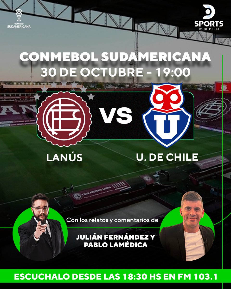 El #Granate quiere estar en la Final de la #CopaSudamericana 
#Lanus #UdeChile en <a href="/DSportsRadio/">DSports Radio 103.1 FM</a> 103.1
Junto a <a href="/yojulifernandez/">Julián Fernández</a>
<a href="/pablolamedica/">Pablo Lamédica</a> <a href="/Leandropaz08/">Leandro Paz ✳️</a> y <a href="/JoniiGramuglia/">Jonatan Gramuglia</a>