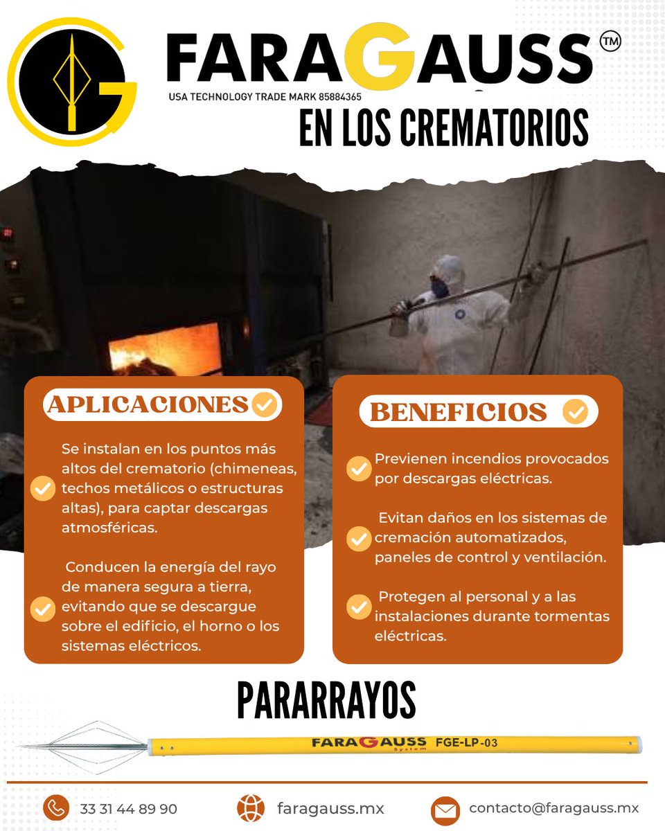 FaragaussMx's tweet image. La tecnología #Faragauss basada en sistemas de #Pararrayos, #TierrasFísicas y #ProtecciónCatódica puede aplicarse en #Crematorios y hornos de cremación para proteger sus instalaciones eléctricas, electrónicas y estructurales.