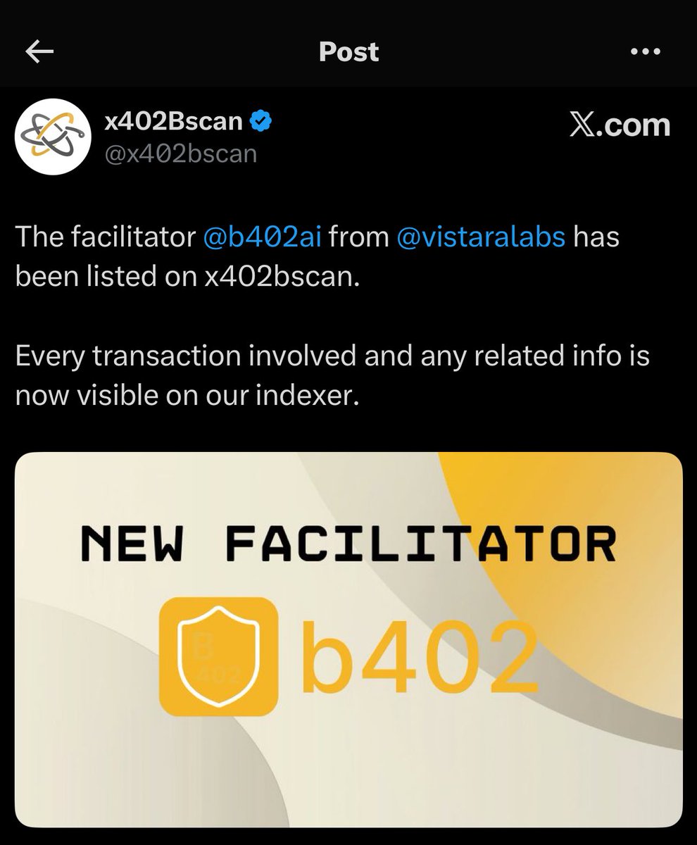HUGE progress for x402Bscan 👏

<a href="/vistaralabs/">Vistara Labs</a> is incubated by Binance Labs ( <a href="/yzilabs/">YZi Labs</a> ) and and their main flagship project <a href="/b402ai/">b402</a> has be indexed✅

This is going soo much higher

#8 trending

0x7A379EBCa8Bc67A538159824DAc549594ab24444

400k

Check the first and only working
