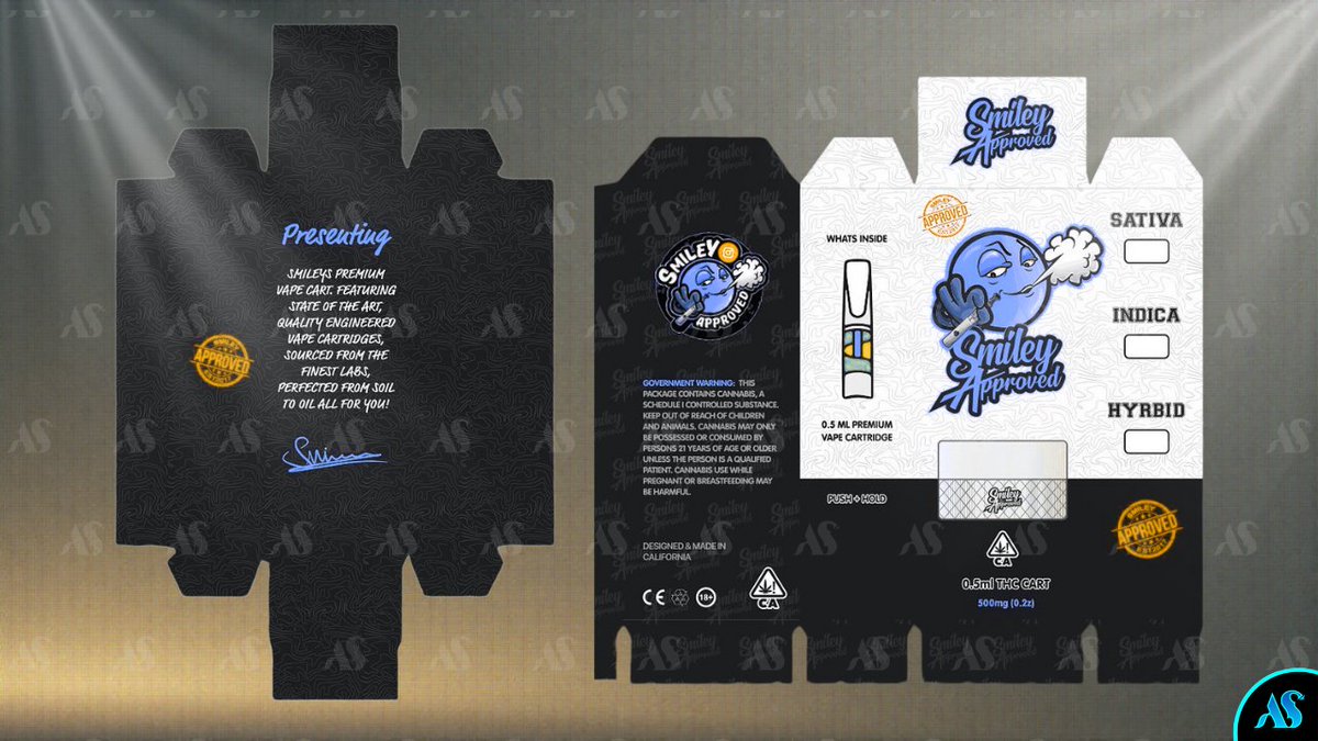 Made for my client: "Smiley Approved" logo + packaging that hits different! Bold blues (#00AEEF) pop against matte black, with electric orange accents (#FF6B00) sealing the premium vibe.   

DM me for your Graphics   

#VapePackaging #LogoReveal #ColorPalette #DesignOnPoint