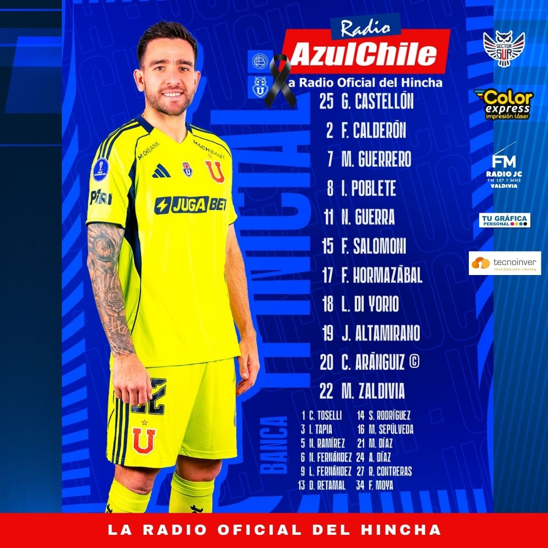 ¡LA ONCENA AZUL!

Estos son los jugadores elegidos por el director técnico Gustavo Álvarez, para enfrentar a Club Atlético Lanús, desde las 19:00hrs, en el marco de la Semifinal Vuelta de Copa Sudamericana 2025.

Puedes seguir toda la actualidad de la Universidad de Chile a