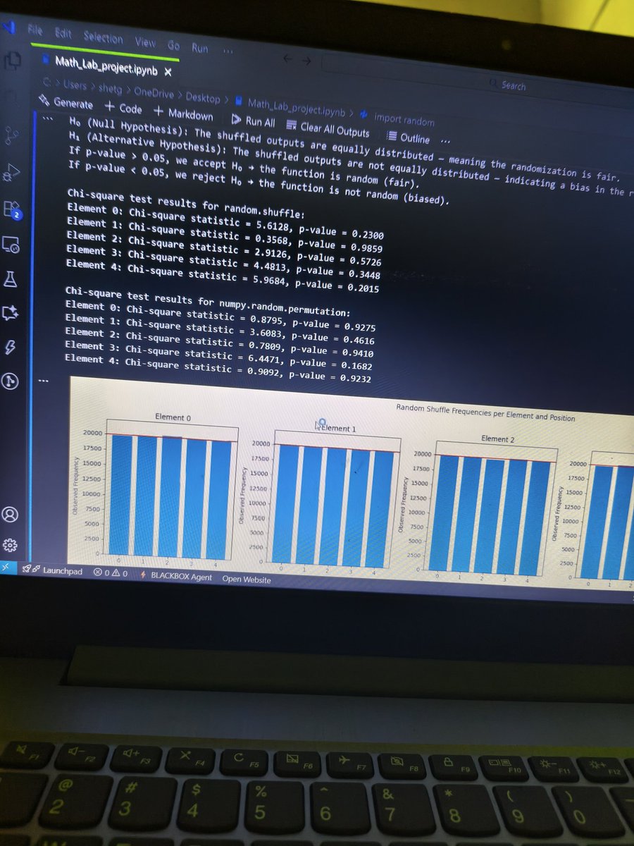 DeepS78461903's tweet image. Made a small project on testing whether the random functions in python is giving unbiased random numbers or not using chi square testing 🤌 offcourse used ai , but understood the code as I have go give presentation tomorrow 😬💤