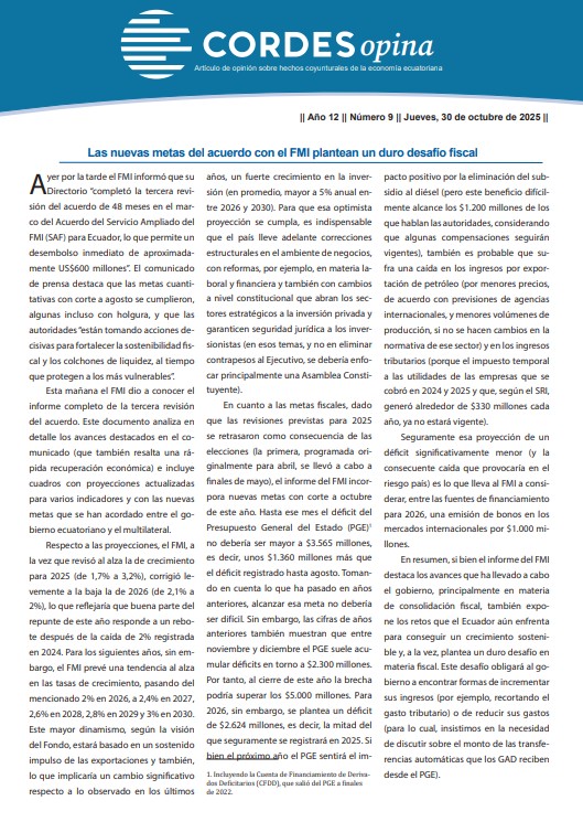 El nuevo informe del FMI sobre el Ecuador destaca las medidas de ajuste del gobierno, pero también deja entrever los retos para lograr un crecimiento sostenible. Además, las nuevas metas acordadas implican un fuerte desafío fiscal. Nuestro análisis: cordes.org/publicacion/op…
