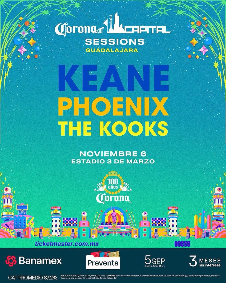 Como parte de la celebración del Festival Corona Capital llega a Guadalajara el Corona Sessions el jueves 6 de noviembre en el Estadio 3 de Marzo con Keane, Phoenix y The Kooks. 

Venta de boletos a través de Ticketmaster México.

Presentado por Ocesa.