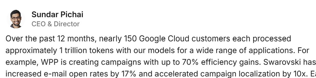 AI is not a bubble, Enterprise AI is very strong! Nearly 150 enterprises each processed 1 trillion tokens with Gemini models for a wide range of apps!!!

... wait that's less than a million bucks per year per enterprise???... or 150m annual revenue, i.e. 0.3% of GCP annual
