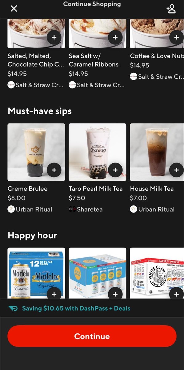 La mise à jour de DoorDash m'oblige à parcourir deux pages entières de glaces, bières, McDonald's et cocktails (!?) pour