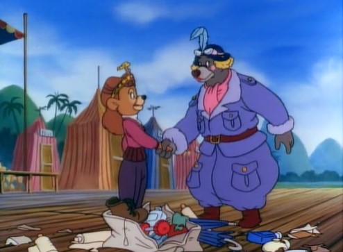 Disney_Wiki's tweet image. Today marks the 35th anniversary of the #TaleSpin episode &quot;Feminine Air&quot; written by Julia Lewald &amp;amp; Bruce Talkington, storyboarded by Victor Cook &amp;amp; Robert Souza and directed by Jamie Mitchell.
Baloo disguises himself as a lady to to enter an an -female aviation air scavenger hunt.