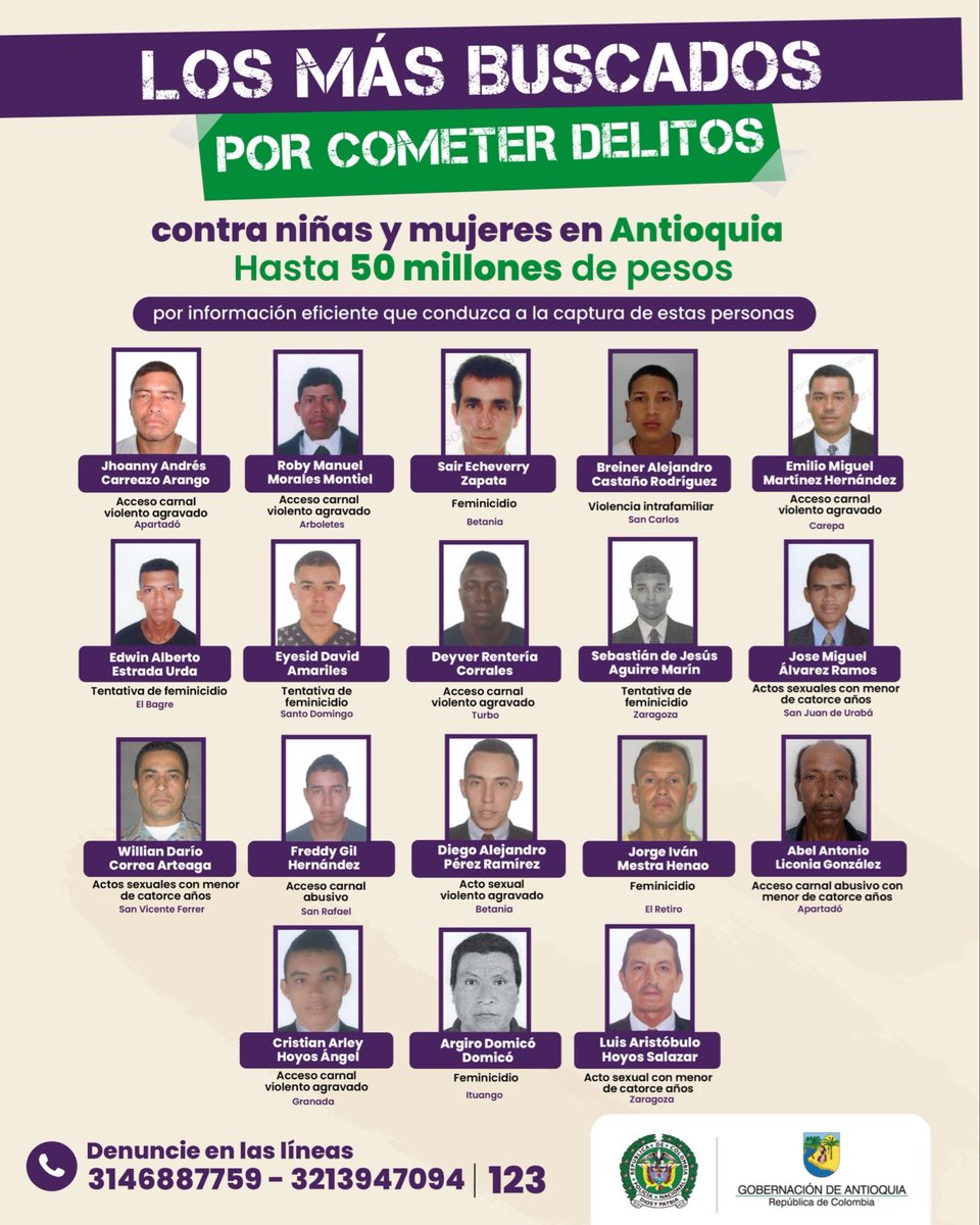 AndresJRendonC's tweet image. Paisanos, les pido compartir en su chat y en sus redes este cartel. ¡No hay escondite eterno para quienes maltratan o han cometido delitos contra las mujeres en Antioquia! Vamos por ellos: con la fuerza de ley y la sanción social.