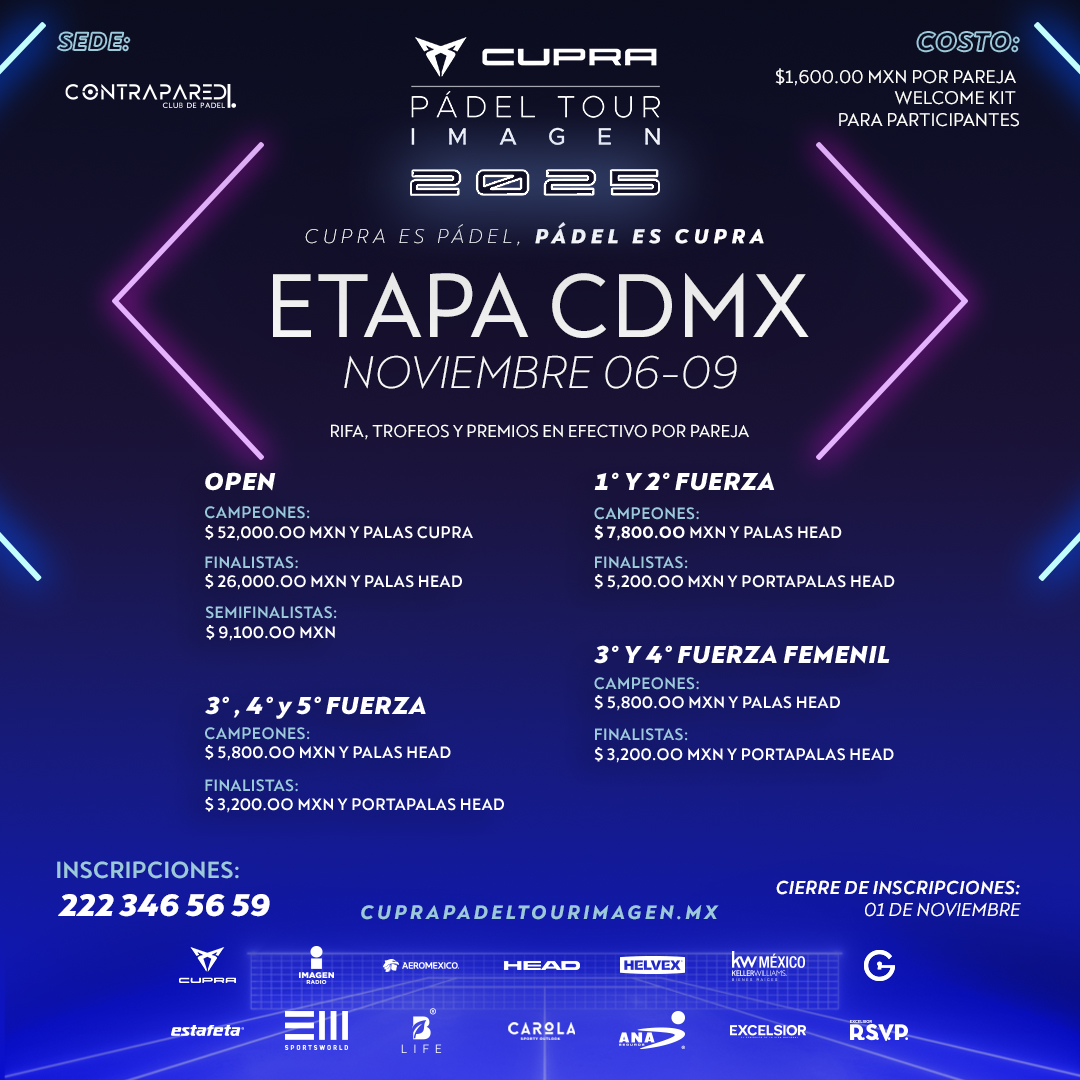 Imagen_Mx's tweet image. ¡ÚLTIMA LLAMADA! Inscríbete en cuprapadeltourimagen.mx y sé parte del cierre de esta gran gira. 

Compite por grandes premios 💰 👚🏓 y acompáñanos a celebrar un año más del CUPRA PÁDEL TOUR IMAGEN. Nos vemos del 06 al 09 de noviembre.

#CupraPádelTourImagen #PadelTime #PadelTour