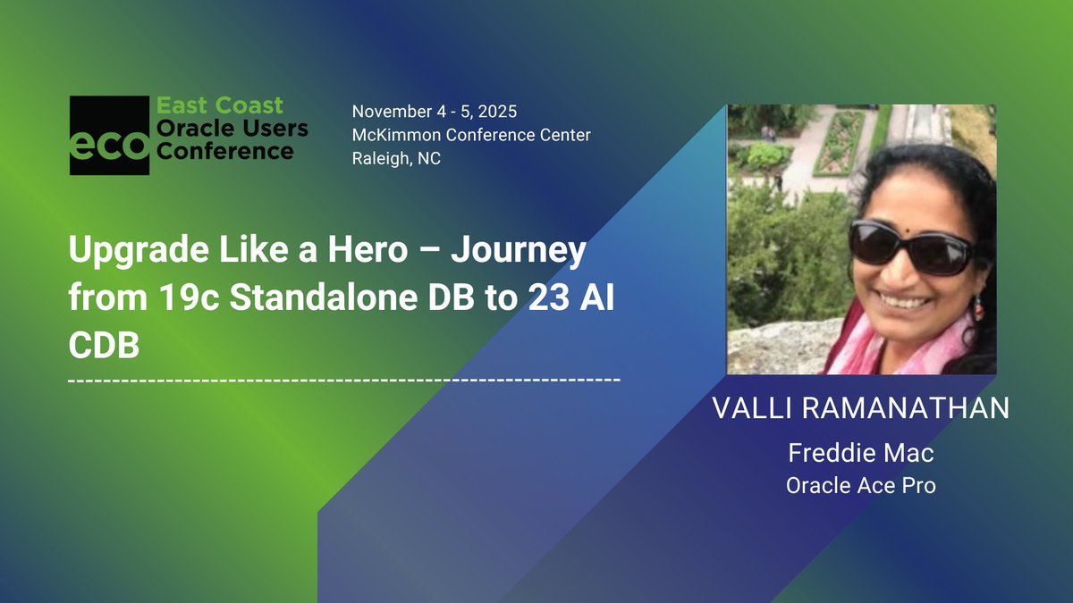 EastCoastOracle's tweet image. Upgrade Like a Hero!
At #ECO2025, Valli Ramanathan of @FreddieMac  shows how to move from Oracle 19c standalone to 23ai CDB—with best practices, automation tips, and zero-downtime upgrades.
eastcoastoracle.org #OracleDatabase #Oracle23ai #DatabaseUpgrade #CDB #ACEPro
