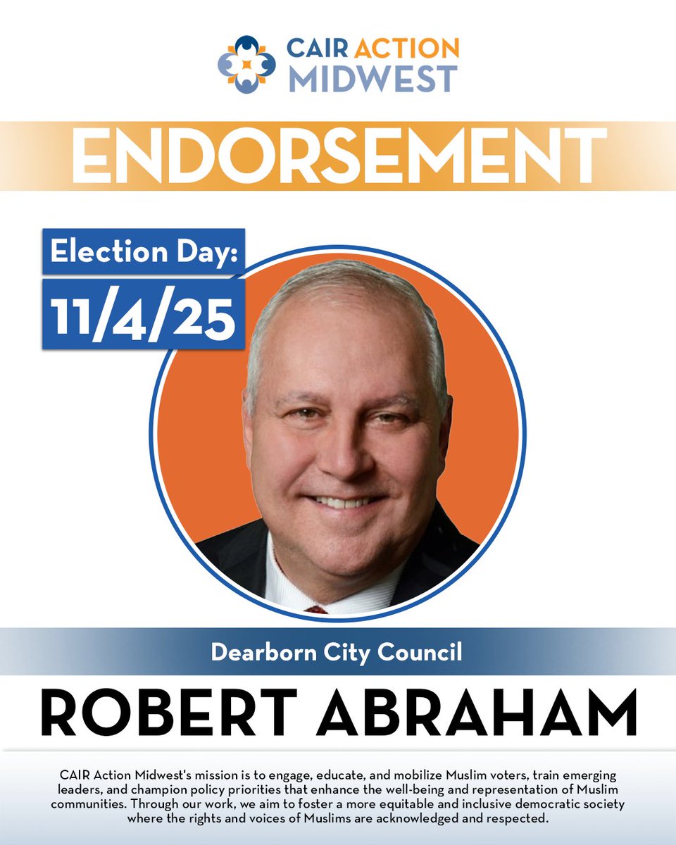 cairactionmw's tweet photo. CAIR Action Midwest endorses Robert Abraham for Dearborn City Council. Robert brings seasoned leadership and a focus on accountability and fiscal responsibility. @CAIRAction https://t.co/Yi3YgC2t6i